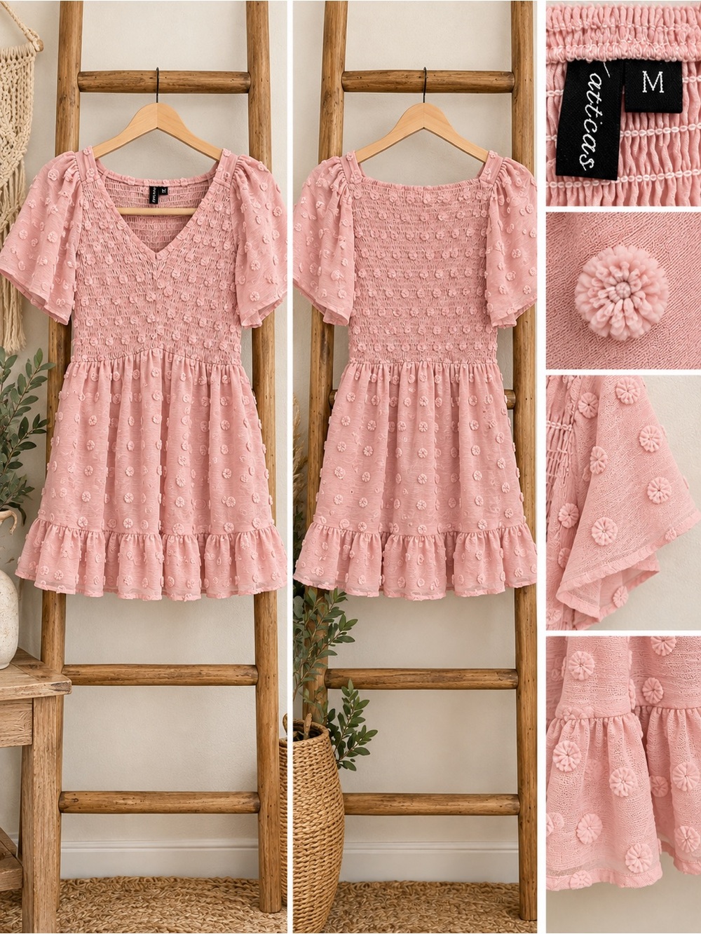 Zattcas Women’s Size M Pink Pom-Pom Swiss Dot Dress